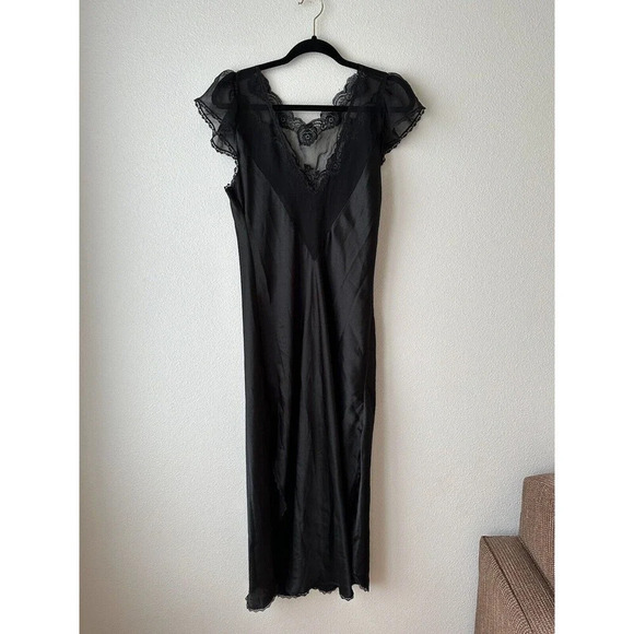 Y2k Whimsygoth Fairy Grunge Satin Slip Dress Black Dark Romantic Lace Sheer Long - Picture 6 of 9